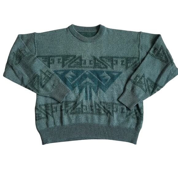 Vintage Green, Nordic, Wool Blend, Crew Neck Winter Sweater- 56EU (M/L) - Picture 1 of 8